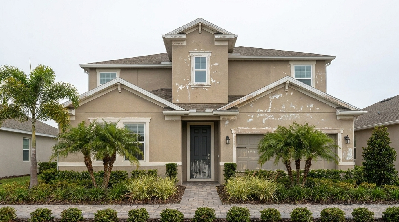 Faded, peeling exterior paint on a Port Charlotte home before repainting